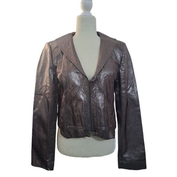 TL Tiffany Lawrence Leather Women's Jacket Pearlized Gunmetal Metallic Sz Large - Picture 3 of 14